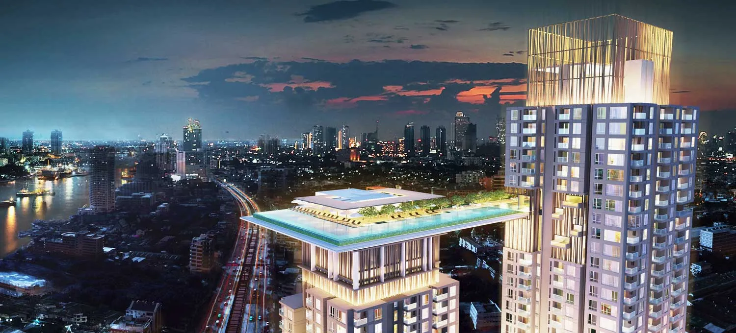 Skyscraper with rooftop pool and gardens overlooking a city skyline at dusk.