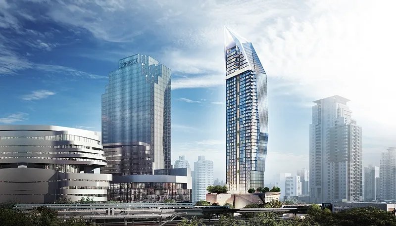 ภาพเมืองสมัยใหม่ที่เต็มไปด้วยตึกระฟ้าเพรียวบาง รวมถึงอาคารทรงเหลี่ยมอันโดดเด่น ภายใต