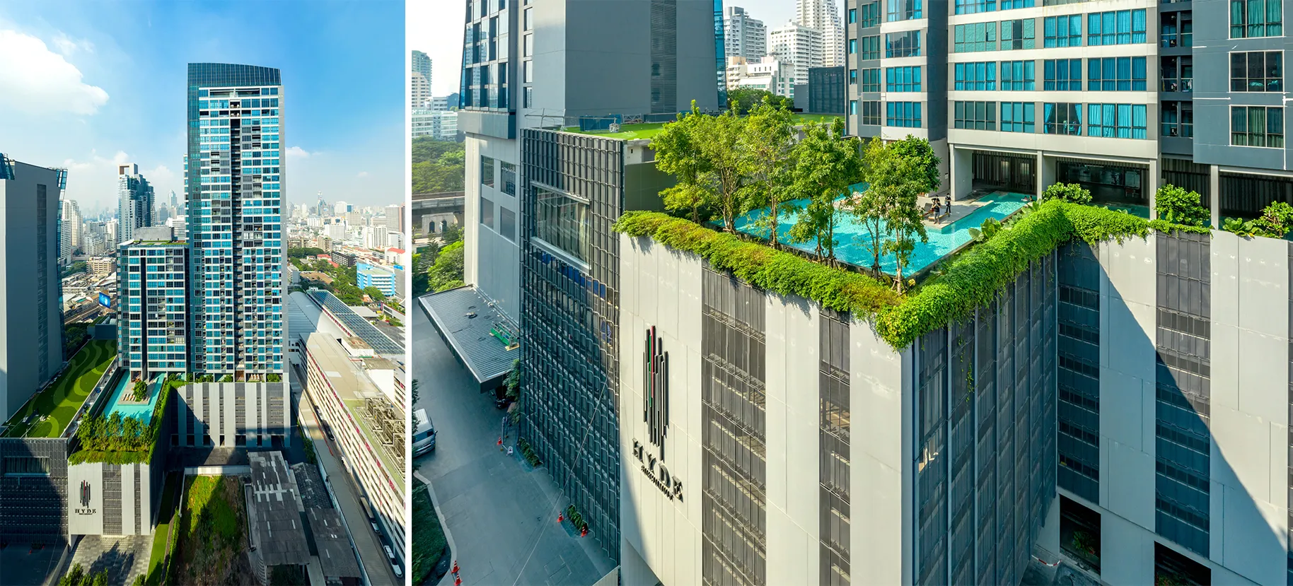City skyline with modern high-rise buildings, featuring a rooftop garden and pool.