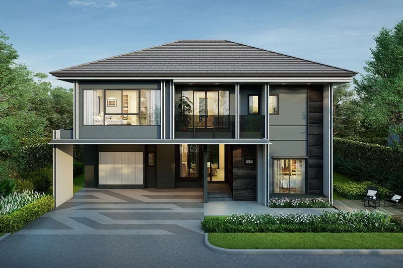 Modern two-story house with large windows, a tiled roof, and surrounding greenery.