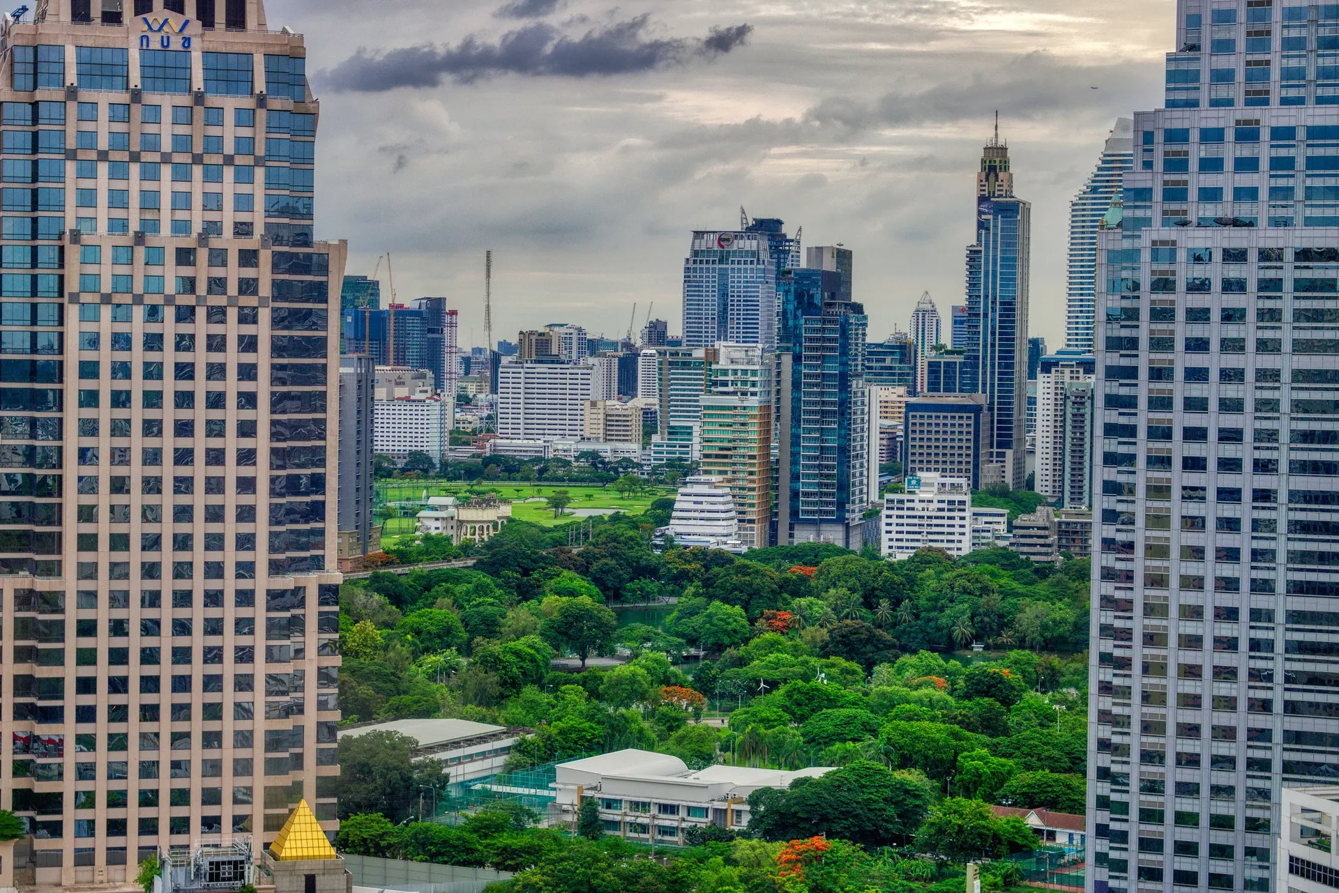 Cityscape with tall modern buildings, lush green park, and overcast sky.