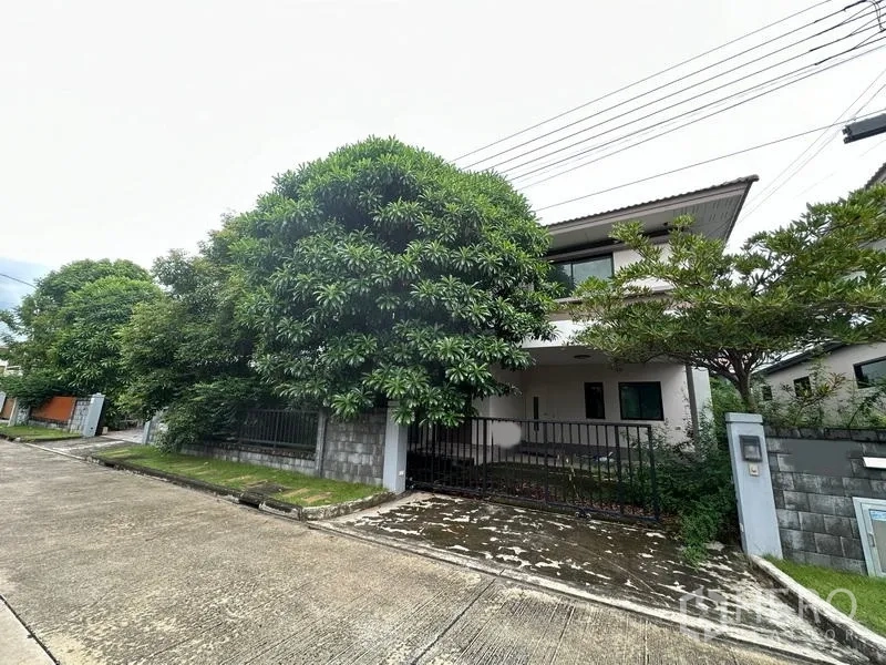 独立式住宅 出售在Bang Khen, Bangkok - 街景视角的转角住宅，门前大树遮荫与铁门。