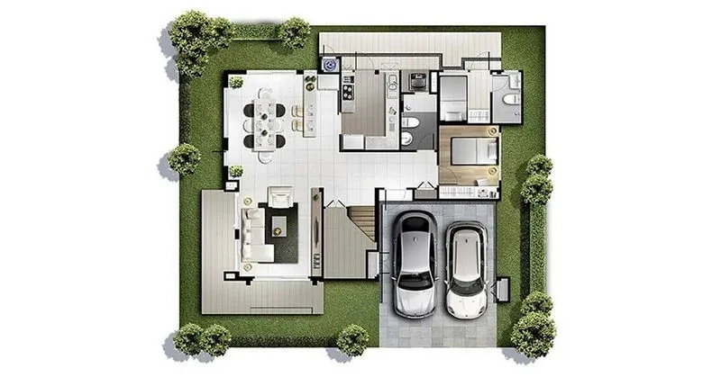 Detached House for rent or sale in Bang Khen, Bangkok - Ground-floor plan showing living room, dining, kitchen, guest room, baths and two-car garage.