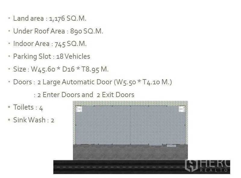 Warehouse for rent in Pak Kret, Nonthaburi - Specification sheet displaying site plan and notes on land area, indoor area, doors and parking.