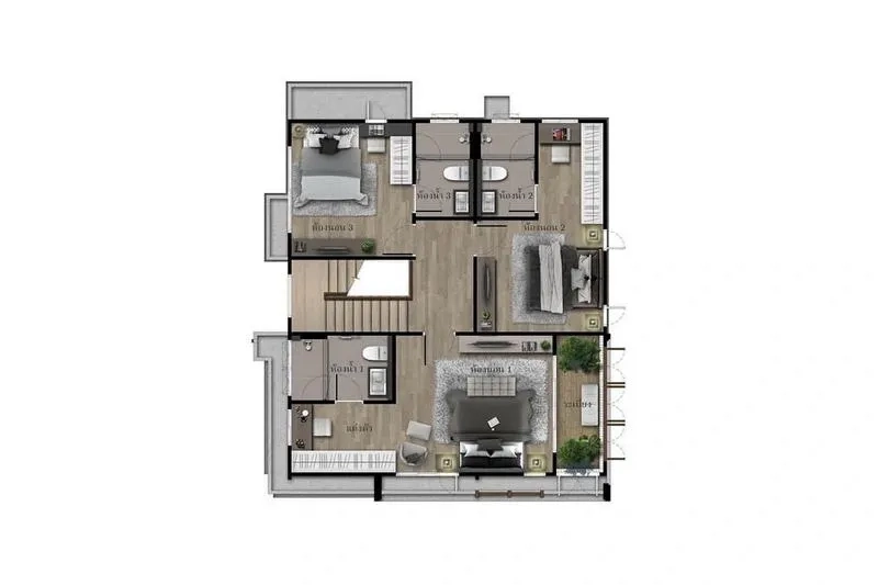 Detached House for sale in Bang Kapi, Bangkok - Upper floor plan illustrating three bedrooms, bathrooms and a balcony.