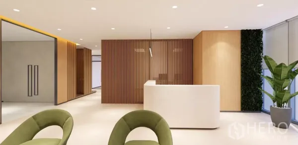 Office Space for rent in Huai Khwang, Bangkok - Bright lobby with wood panel partitions, indoor greenery and a minimalist reception desk.