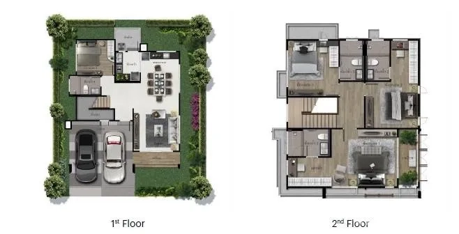 Detached House for rent in Bang Kapi, Bangkok - Two-storey detached house floor plan showing first and second floors, garden and two-car parking.