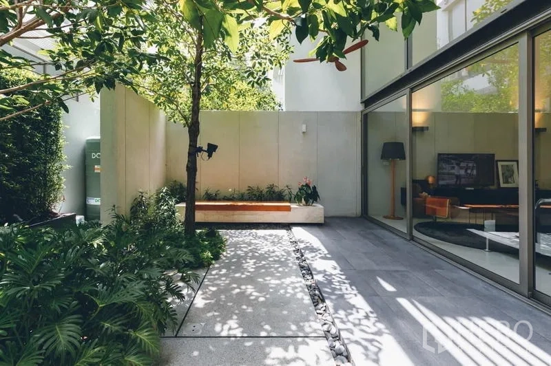 Townhouse for rent - Courtyard garden with trees, hedges and floor-to-ceiling glass walls