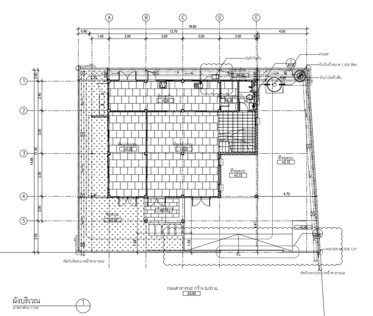 Home Office for rent in Lat Phrao, Bangkok - Ground floor architectural plan illustrating room layout and parking areas.
