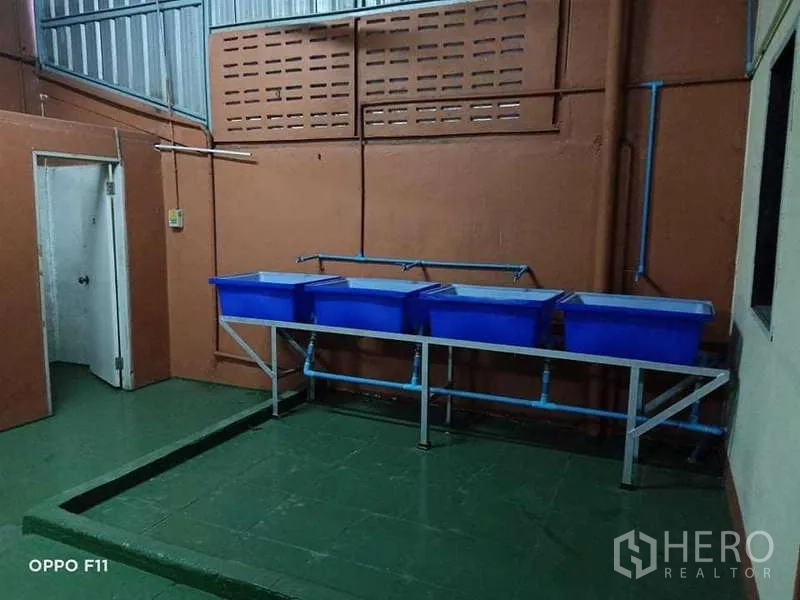 Warehouse for rent or sale in Mueang Samut Sakhon, Samut Sakhon - Wash station with blue bins and plumbing lines in the production area.