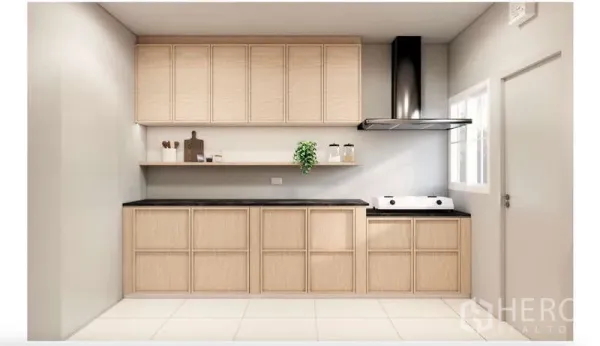 Detached House for rent in Bang Phli, Samut Prakan - Light-wood built-in kitchen with upper cabinets, black countertop, gas hob and extractor, bright tile floor.