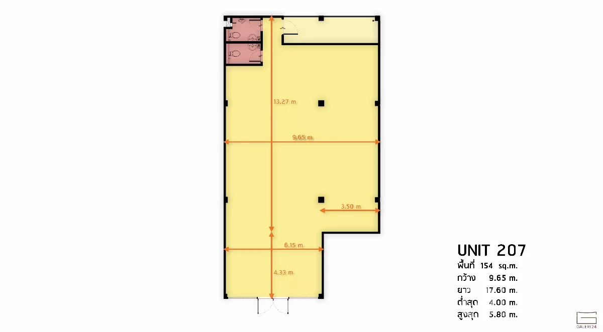 Retail Space for rent in Khlong Toei, Bangkok - Unit 207 floor plan showing 154 sq m with labeled dimensions.