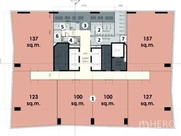 Office Space for rent in Phra Khanong, Bangkok - Floor plan of an office level showing a 127 sqm corner unit and central lift core.