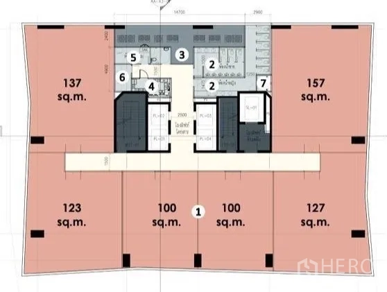 Office Space for rent in Phra Khanong, Bangkok - Floor plan of an office level showing a 127 sqm corner unit and central lift core.