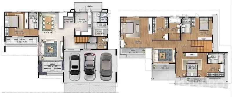 Detached House for sale in Lam Luk Ka, Pathum Thani - Two-storey floor plan showing layout and three-car carport.
