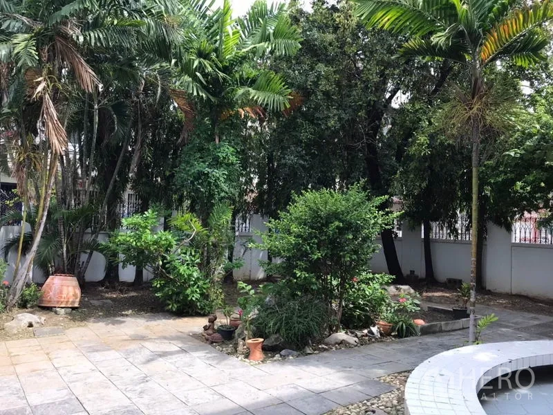 独立式住宅 出租在Phra Khanong, Bangkok - 宽阔花园，棕榈与灌木成景，并有石铺露台。