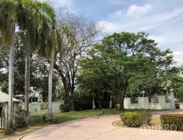 Detached House for sale in Mueang Samut Prakan, Samut Prakan - Curved driveway bordered by tall palms and mature trees near the gated entrance.