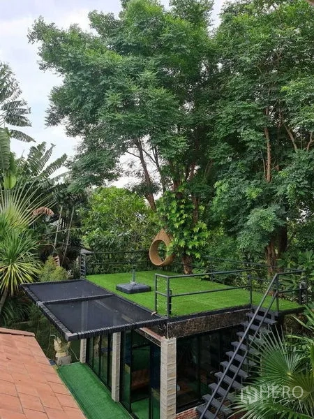 Detached House for sale in Bang Na, Bangkok - Rooftop terrace with artificial grass overlooking mature tropical trees.