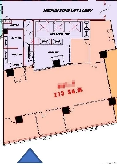 Office Space for rent in Chatuchak, Bangkok - Floor plan highlighting a 273 sq.m. office unit next to the lift lobby.