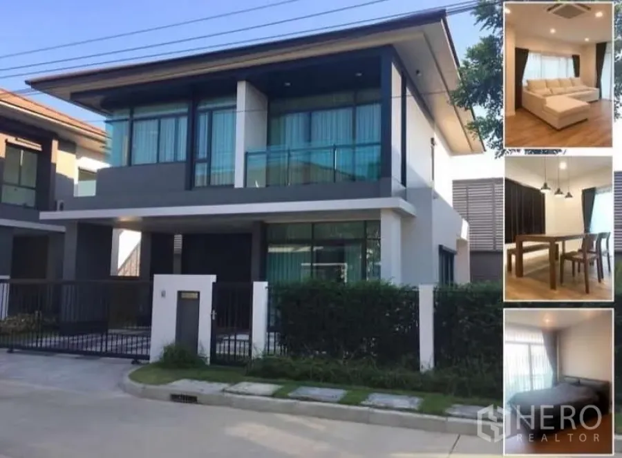 Detached House for rent in Bang Kapi, Bangkok - Modern two-storey house facade with glass balcony, gated driveway and hedge.