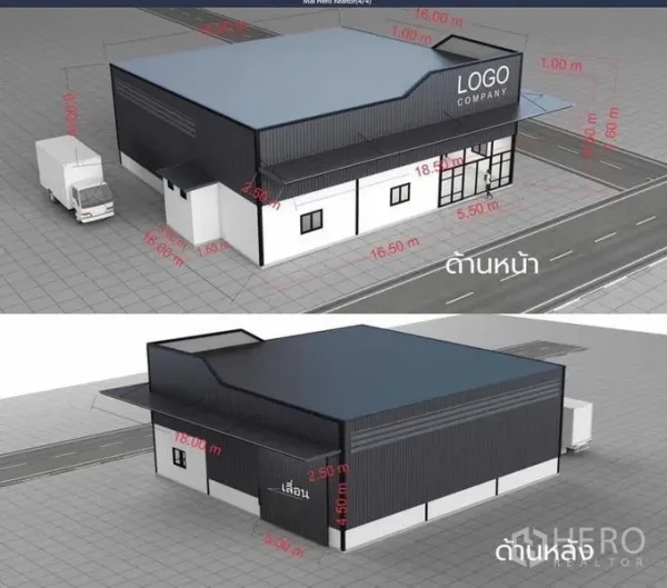 Warehouse for rent in Lat Phrao, Bangkok - Front and rear perspectives of a warehouse unit with glass-front office, wide roller door, and dimension markers.