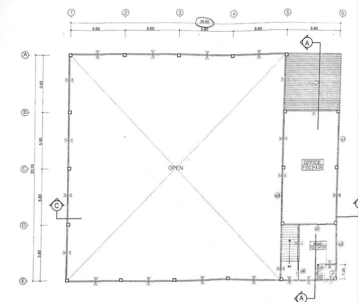 Factory for rent or sale in Mueang Samut Prakan, Samut Prakan - Factory floor plan showing open production area and attached two-storey office.