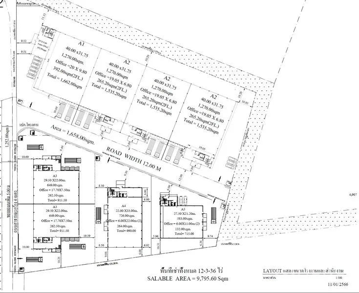 Factory for rent in Bang Pakong, Chachoengsao - Site plan of the industrial compound showing multiple factory units, 12 m internal road and office blocks.