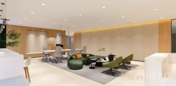 Office Space for rent in Huai Khwang, Bangkok - Contemporary lounge and workstation area with sofa set, task chairs and feature lighting.