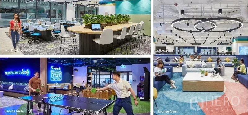 Office Space for rent in Pathum Wan, Bangkok - Coworking amenities collage showing hot-desking tables, bright lounge seating and a ping-pong games zone.