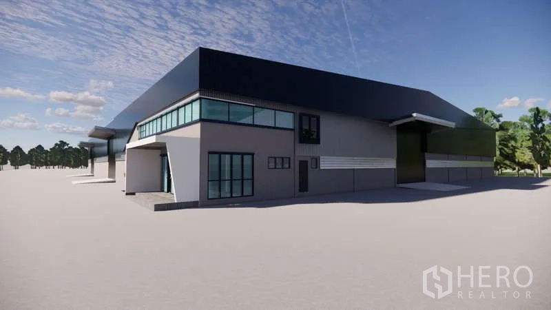 Warehouse for rent or sale in Nikhom Phatthana, Rayong - 3D render side view of finished warehouse featuring loading bay and glass-fronted office.
