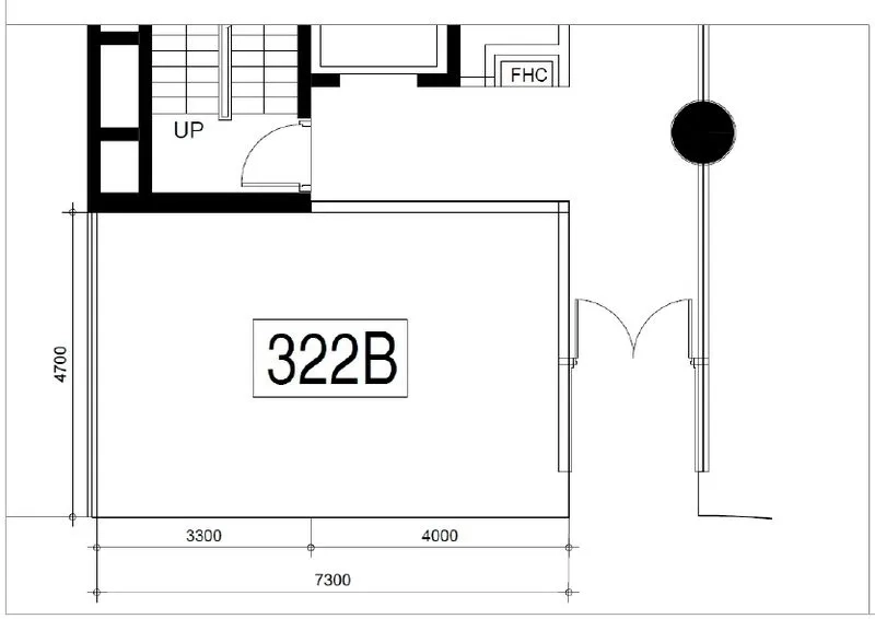 Retail Space for rent - Black-and-white floor plan labeled 322B showing a rectangular retail unit with double-door entrance.