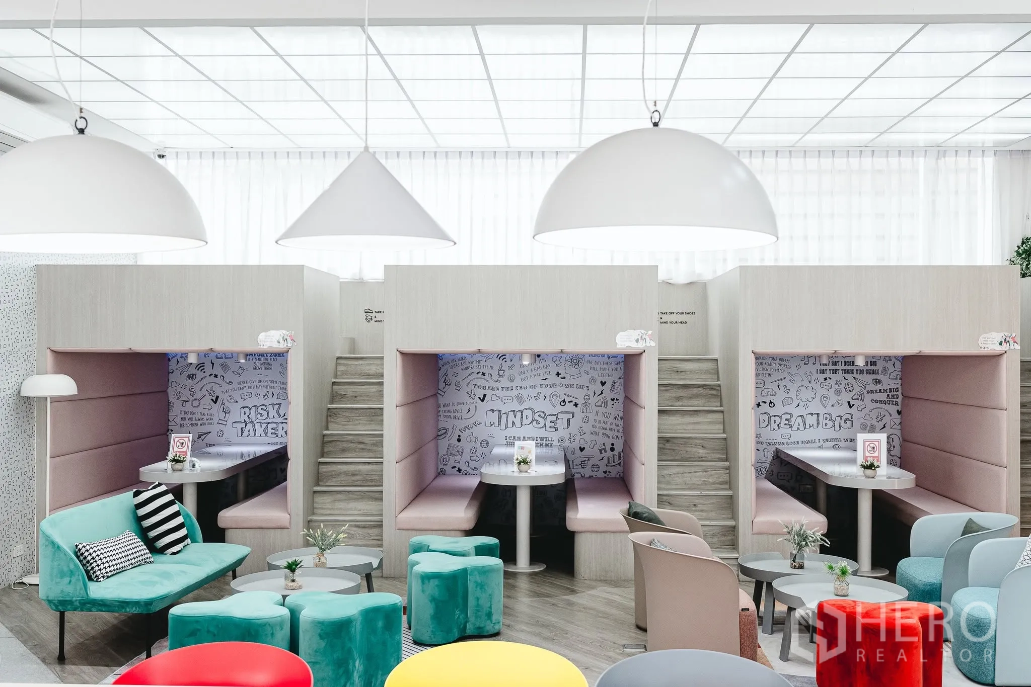Office Space for rent in Bang Kapi, Bangkok - Colorful booth pods and casual seating with large dome lights for breakout meetings.