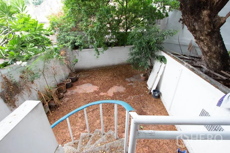 Townhouse for rent in Khlong Toei, Bangkok - Walled courtyard with mature trees viewed from a spiral staircase.