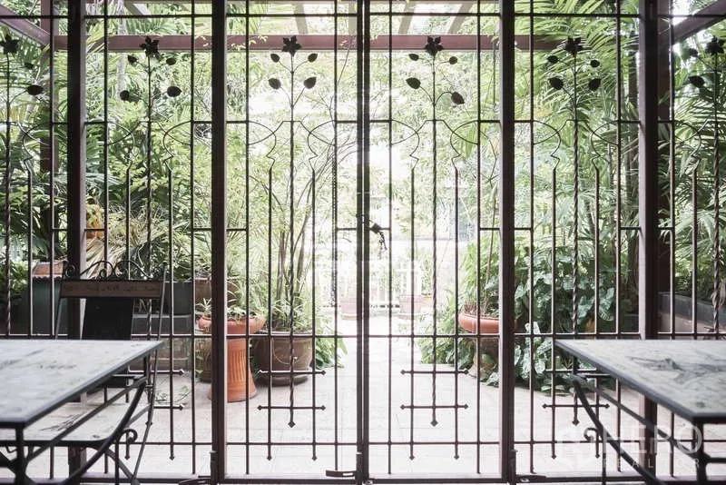 Townhouse for rent in Khlong Toei, Bangkok - Gated patio with decorative ironwork opening to a leafy garden courtyard