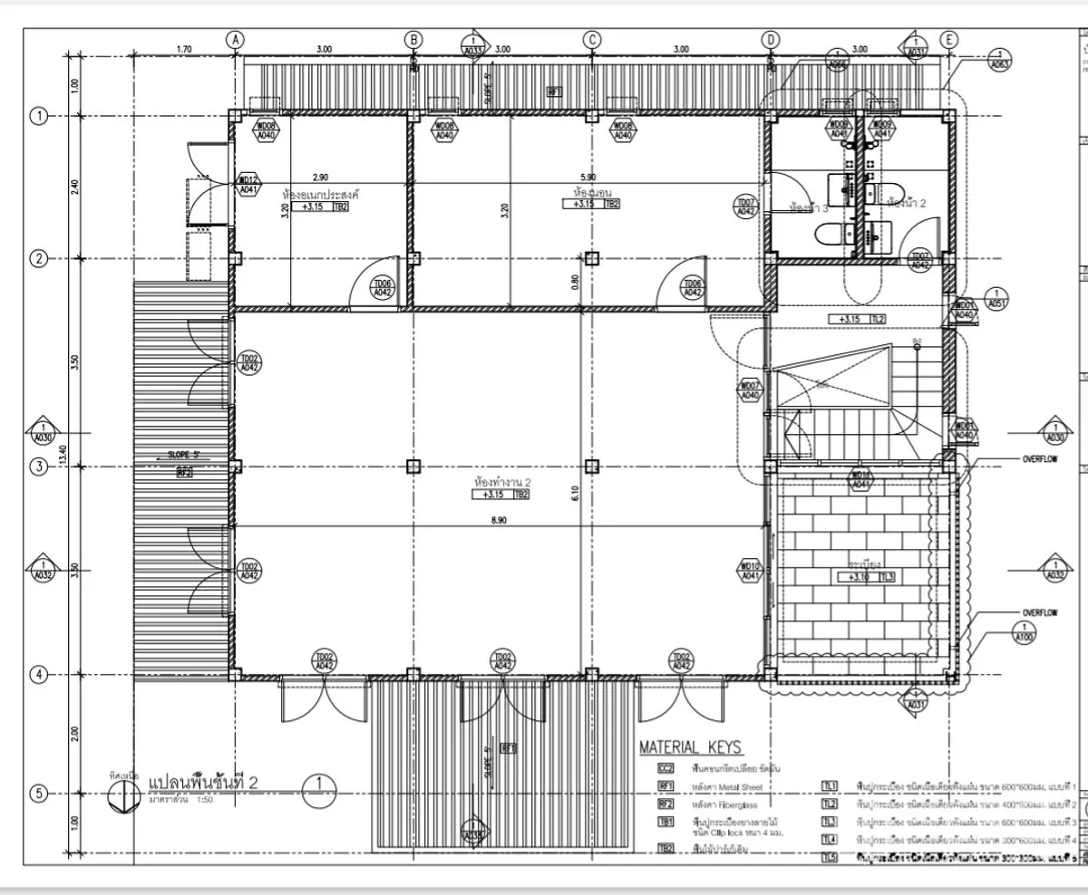 Home Office for rent in Lat Phrao, Bangkok - Upper floor architectural plan highlighting open hall and stair core.