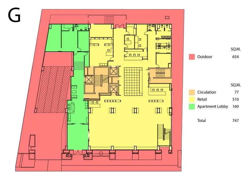 Retail Space for rent in Watthana, Bangkok - Ground floor plan highlighting retail, lobby, circulation and outdoor areas