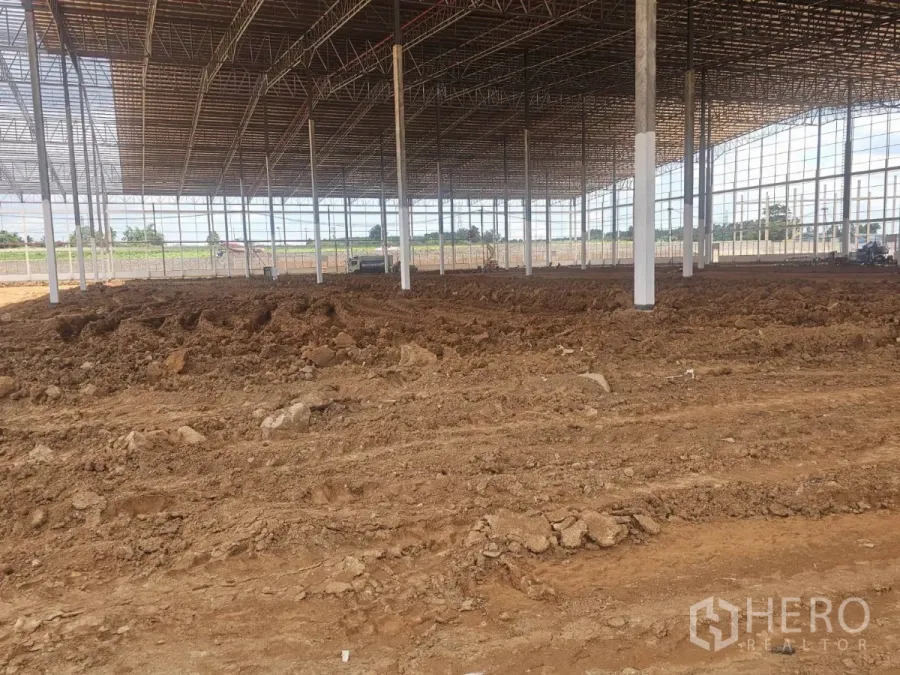 Factory for rent in Si Racha, Chon Buri - Vast under-construction factory interior in Si Racha with steel truss roof, tall columns, and leveled earthen floor ready for finishing.
