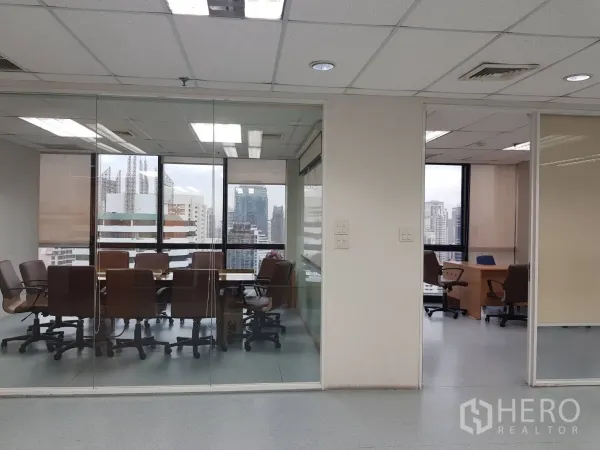 Office Space for rent in Bang Na, Bangkok - Boardroom and private office divided by clear partitions with large windows and city backdrop.