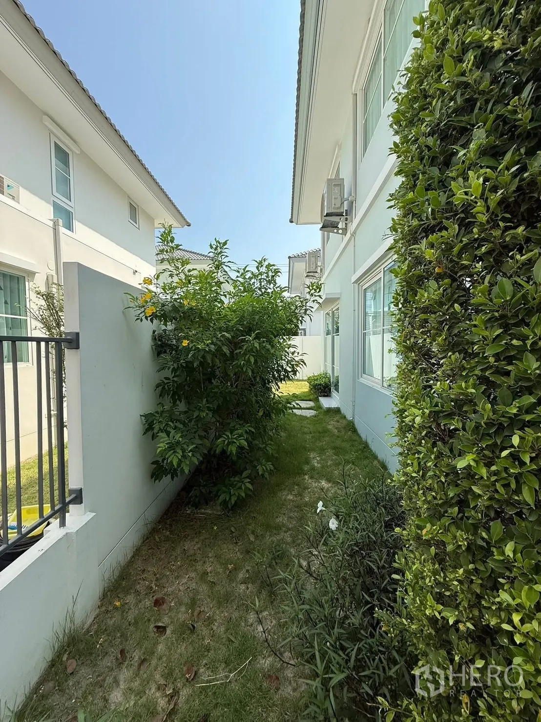 Detached House for rent in Bang Phli, Samut Prakan - Narrow side yard with grass and hedges between the houses.