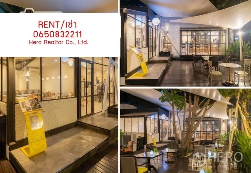 Retail Space for rent in Pathum Wan, Bangkok - Nighttime collage of illuminated retail exterior and garden terrace dining area.