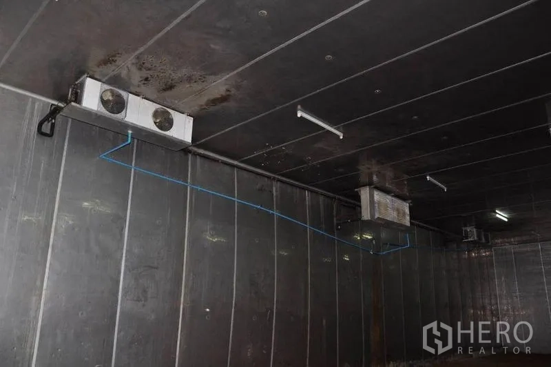 Warehouse for rent in Pathum Thani - Ceiling-mounted evaporator units and wiring inside an insulated temperature-controlled room.