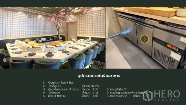 Retail Space for rent - Close-up of a fitted sushi bar with upholstered stools and stainless undercounter refrigerators in the prep area.