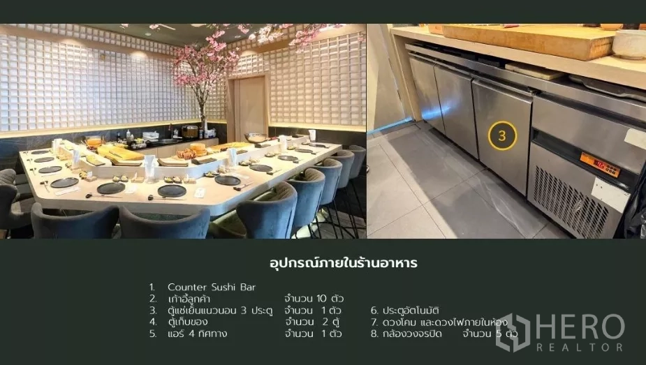 Retail Space for rent - Close-up of a fitted sushi bar with upholstered stools and stainless undercounter refrigerators in the prep area.