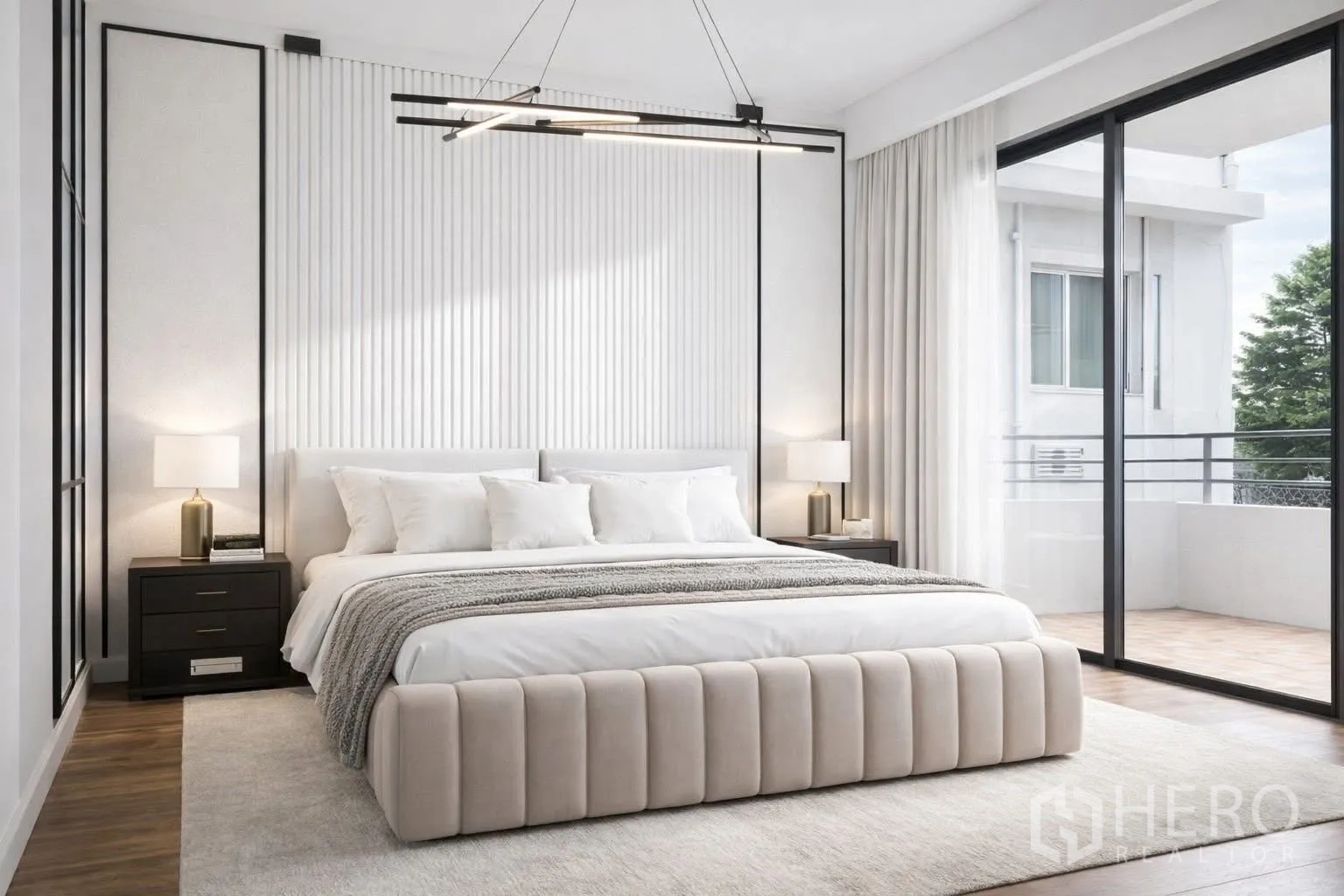 Detached House for rent in Suan Luang, Bangkok - Minimalist bedroom with floor-to-ceiling windows opening to a balcony.