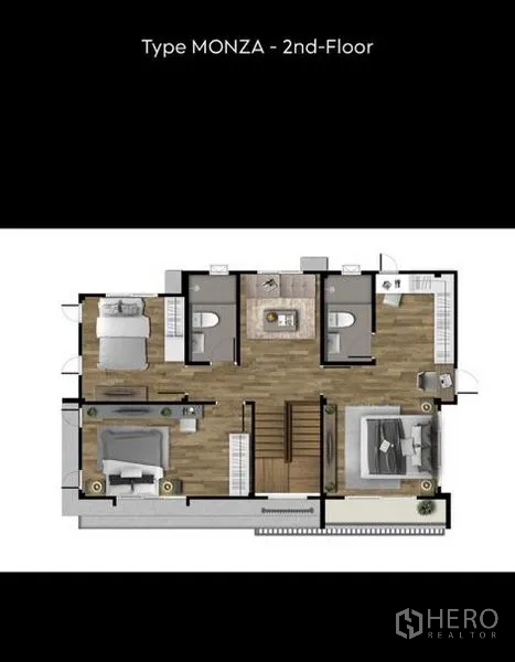 Detached House for sale in Prawet, Bangkok - Second-floor plan with bedrooms, bathrooms and central landing.