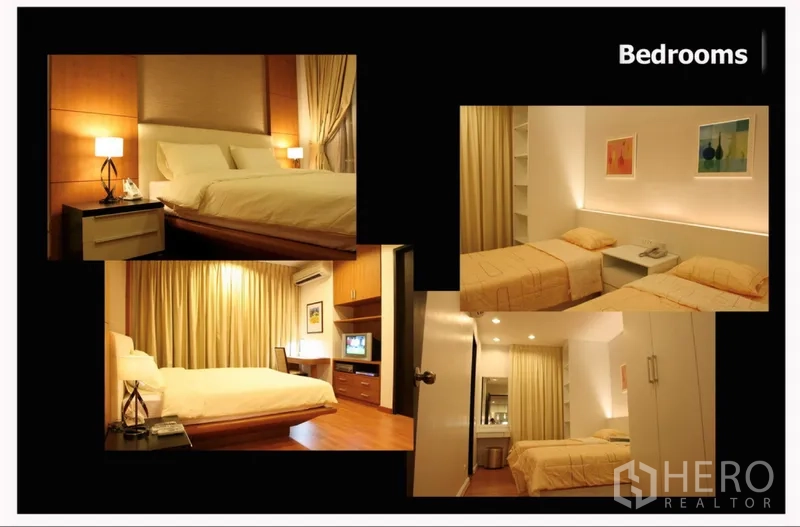 Condominium for rent or sale in Khlong Toei, Bangkok - Bedroom collage showing a warm-lit master, a twin room with built-ins and ample wardrobes.