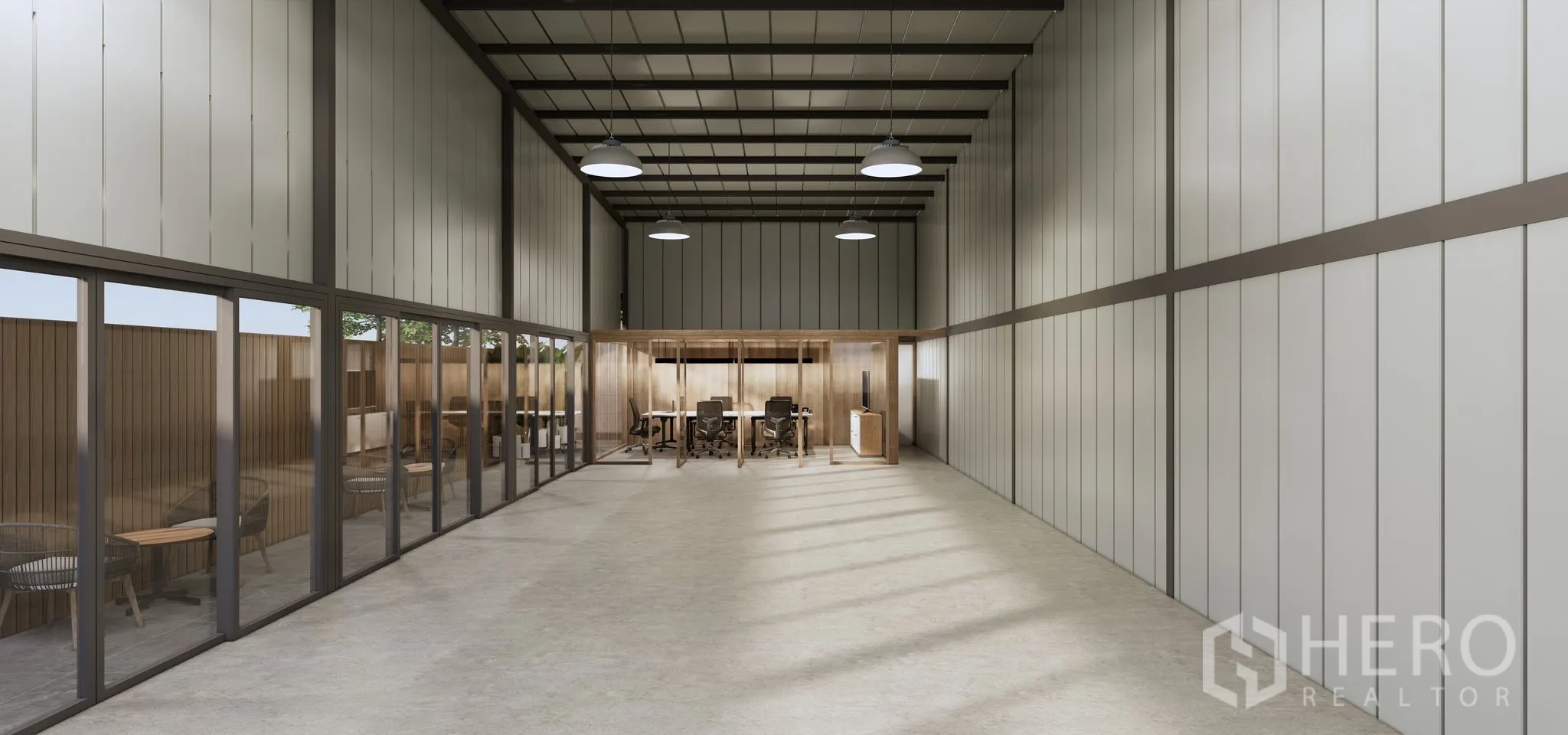Warehouse for rent in Bang Kapi, Bangkok - High‑ceiling warehouse interior with polished floor and glass‑partitioned office pods.