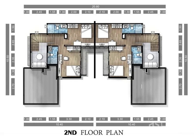 Detached House for sale in Lam Luk Ka, Pathum Thani - Second-floor plan displaying two bedrooms and bathrooms.