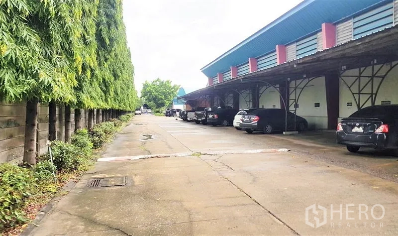 Factory for sale in Lam Luk Ka, Pathum Thani - Covered loading platforms along the warehouse with parking and a row of tall trees for screening.