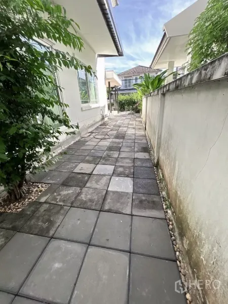 Detached House for sale in Bang Kapi, Bangkok - Side walkway with concrete pavers and garden wall alongside the house.